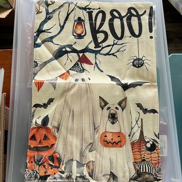 NIP Boo Pumpkin Ghost Dog Halloween Garden Flag 12×18 Double Sided Burlap - Picture 2 of 5